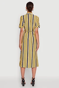 Womens Trendy Half Button Tie Waist Striped Midi Shirt Dress, Yellow, Size L