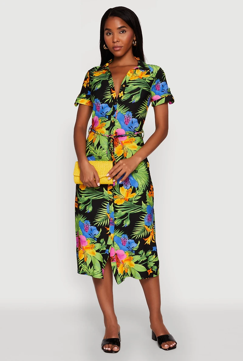 Womens Tropical Floral Print Tie Waist Belted Dress, Multi,