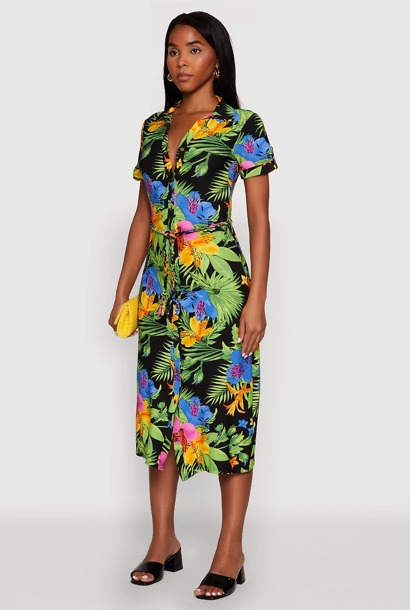 Womens Tropical Floral Print Tie Waist Belted Dress, Multi,