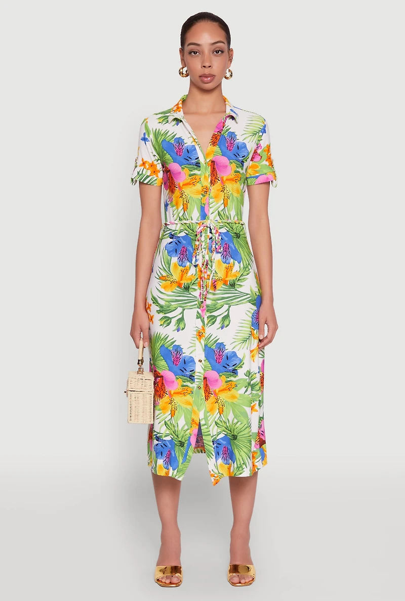 Tropical Floral Print Tie Waist Belted Dress