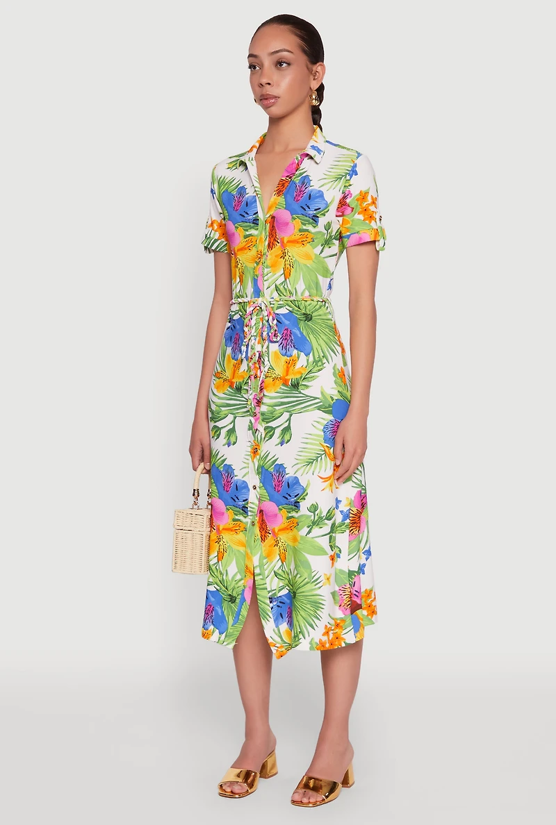 Womens Tropical Floral Print Tie Waist Belted Dress, Multi,