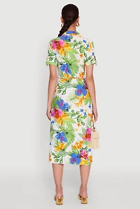 Womens Tropical Floral Print Tie Waist Belted Dress, Multi,