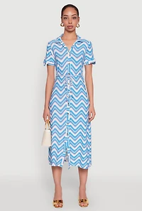 Womens Wavy Striped Tie Waist Belted Dress, Blue, Size S