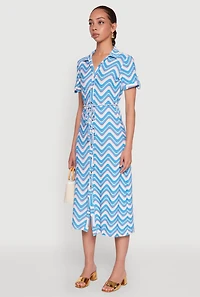 Womens Wavy Striped Tie Waist Belted Dress, Blue, Size S