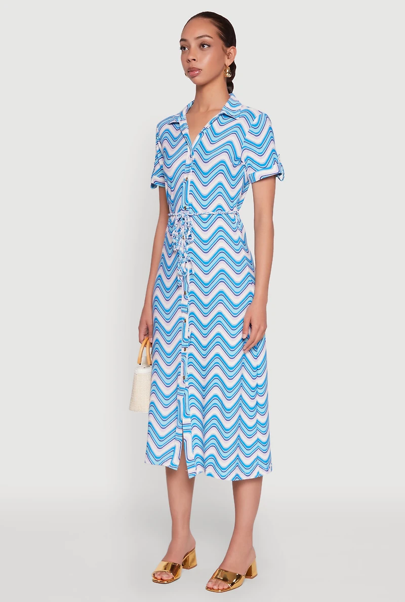 Womens Wavy Striped Tie Waist Belted Dress, Blue, Size M