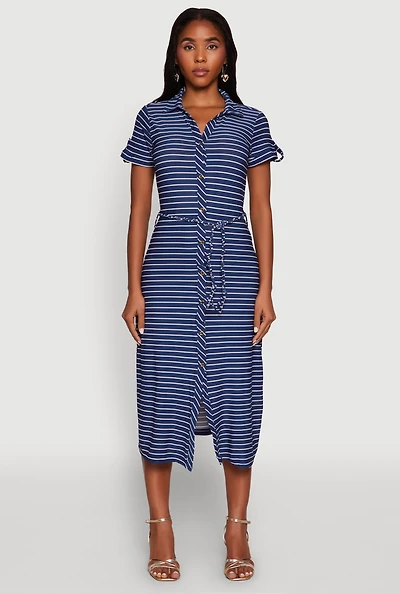 Womens Crepe Knit Striped Shirt Dress, Blue, Size M