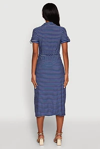 Womens Crepe Knit Striped Shirt Dress,