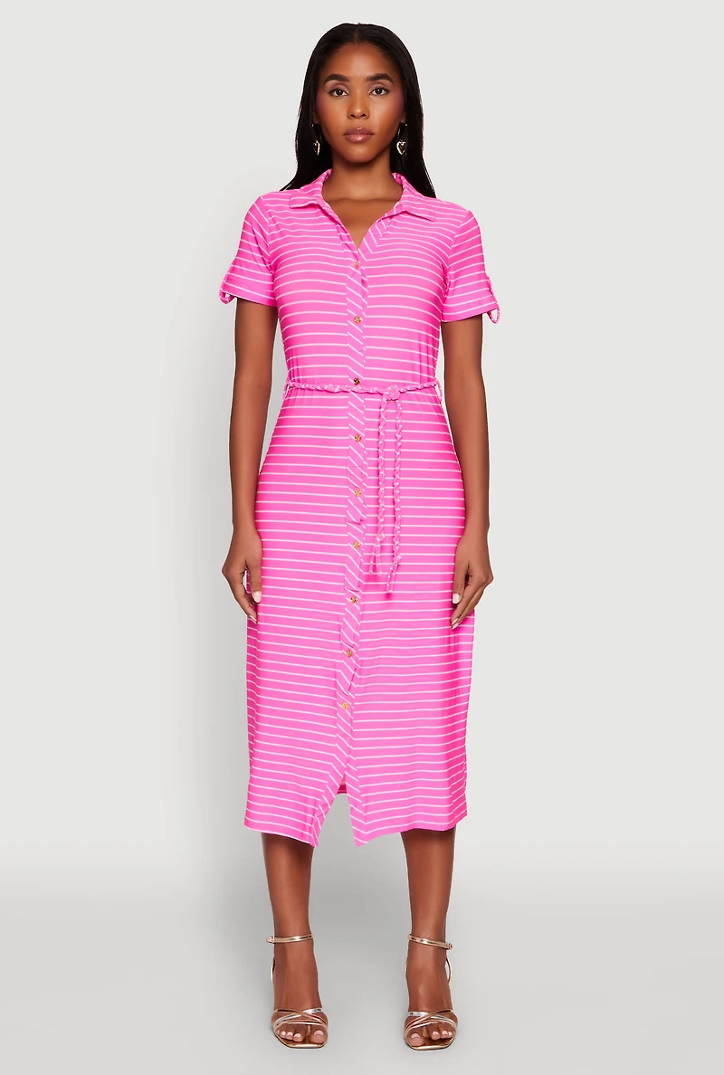 Crepe Knit Striped Shirt Dress