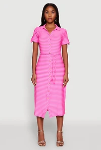 Crepe Knit Striped Shirt Dress