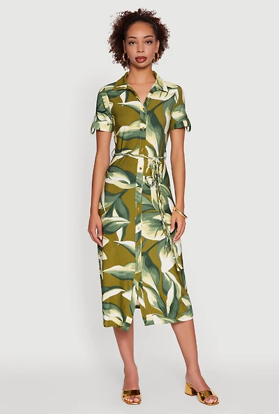 Womens Leaf Print Button Front Shirt Dress with Tie Waist Belt, Green, Size M