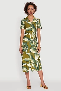 Womens Leaf Print Button Front Shirt Dress with Tie Waist Belt, Green,