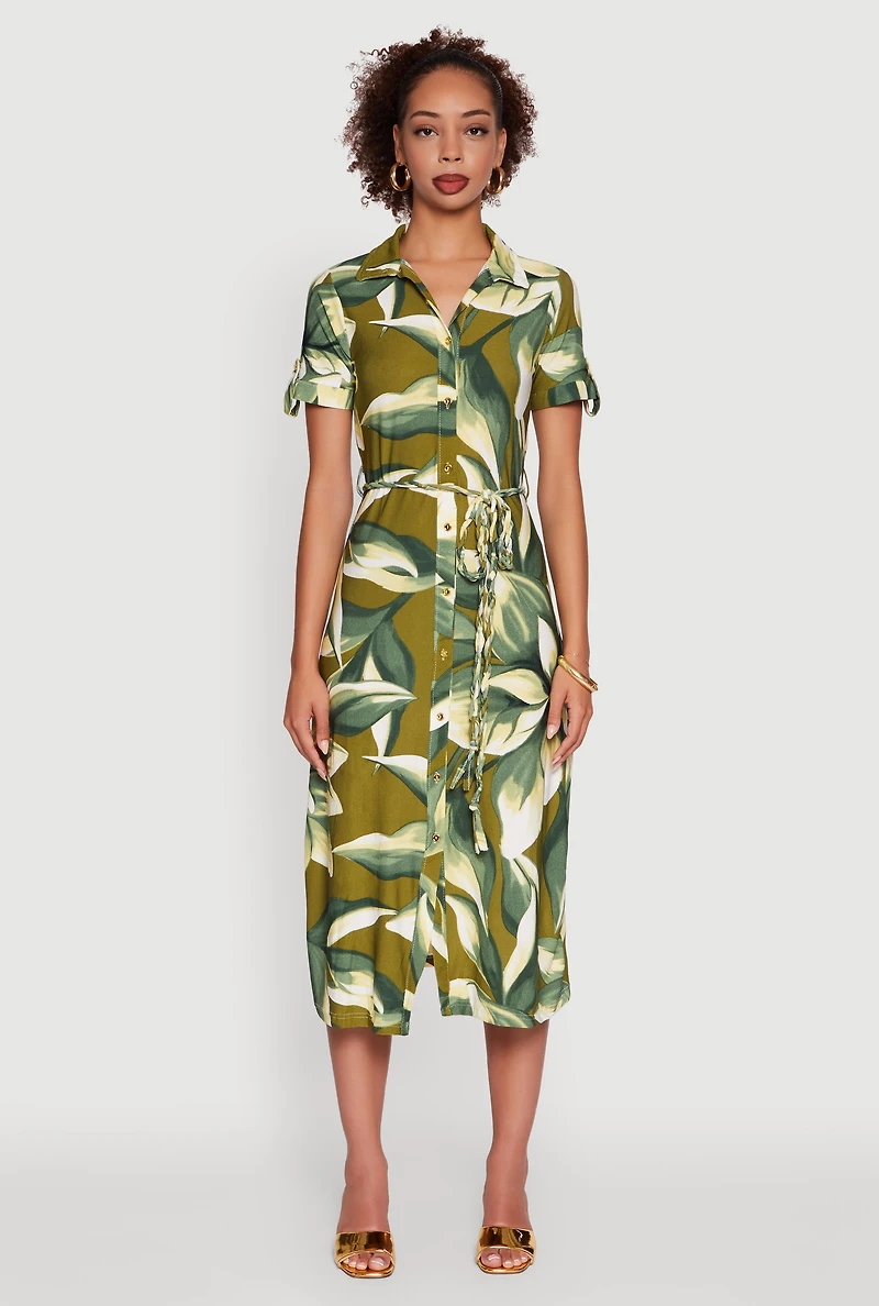 Womens Leaf Print Button Front Shirt Dress with Tie Waist Belt, Green,