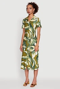 Womens Leaf Print Button Front Shirt Dress with Tie Waist Belt, Green,