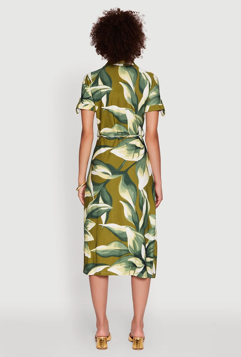 Womens Leaf Print Button Front Shirt Dress with Tie Waist Belt, Green,