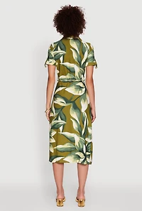 Womens Leaf Print Button Front Shirt Dress with Tie Waist Belt, Green,