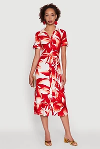 Leaf Print Button Front Shirt Dress with Tie Waist Belt