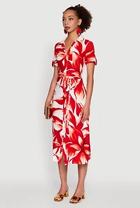 Womens Leaf Print Button Front Shirt Dress with Tie Waist Belt, Red, Size M