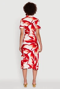 Womens Leaf Print Button Front Shirt Dress with Tie Waist Belt, Red, Size M