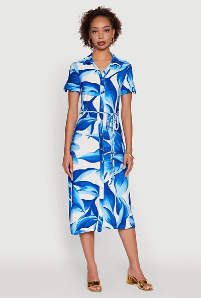 Womens Leaf Print Button Front Shirt Dress with Tie Waist Belt,