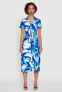 Womens Leaf Print Button Front Shirt Dress with Tie Waist Belt, Blue, Size L