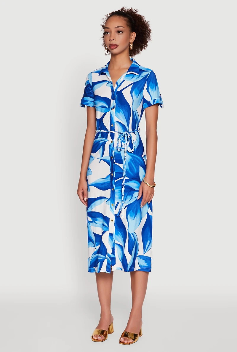 Womens Leaf Print Button Front Shirt Dress with Tie Waist Belt,