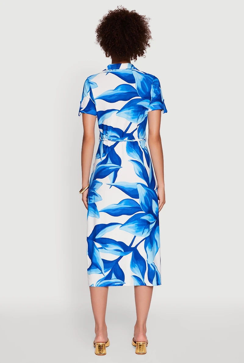 Womens Leaf Print Button Front Shirt Dress with Tie Waist Belt,