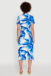 Womens Leaf Print Button Front Shirt Dress with Tie Waist Belt,