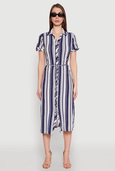 Womens Striped Tie Waist Belted Shirt Dress, Blue, Size M