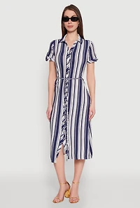 Womens Striped Tie Waist Belted Shirt Dress, Blue, Size M