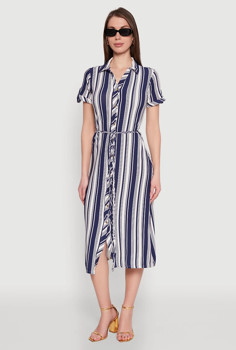 Womens Striped Tie Waist Belted Shirt Dress, Blue, Size M