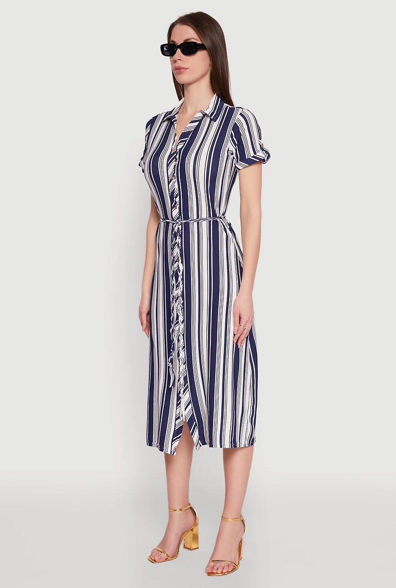 Womens Striped Tie Waist Belted Shirt Dress, Blue, Size M