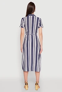 Womens Striped Tie Waist Belted Shirt Dress, Blue, Size L