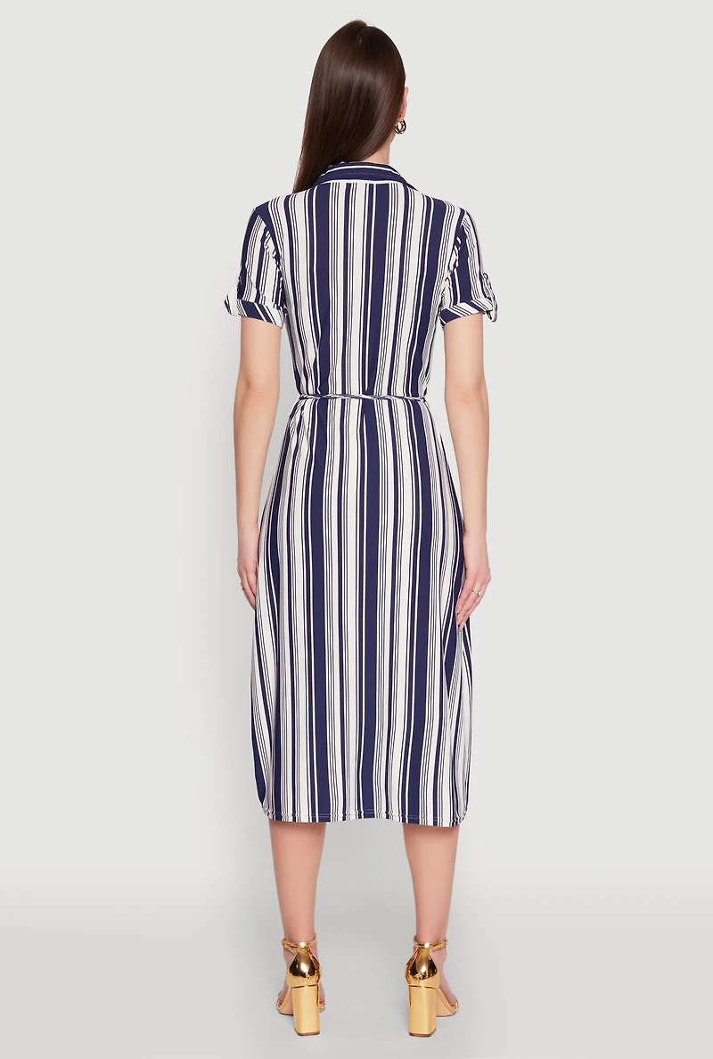 Womens Striped Tie Waist Belted Shirt Dress, Blue, Size M