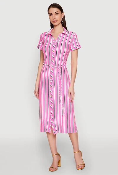 Womens Striped Short Sleeve Shirt Dress, Pink, Size M