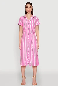 Womens Striped Short Sleeve Shirt Dress, Pink,
