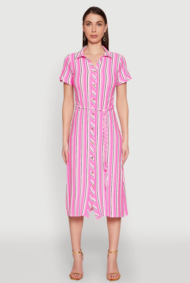 Womens Striped Short Sleeve Shirt Dress, Pink, Size M