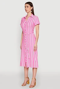 Womens Striped Short Sleeve Shirt Dress, Pink, Size M