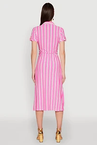Womens Striped Short Sleeve Shirt Dress, Pink,