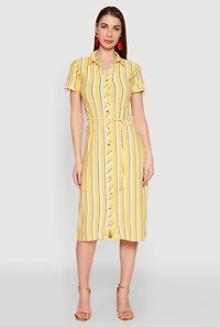 Womens Striped Short Sleeve Shirt Dress, Yellow, Size S