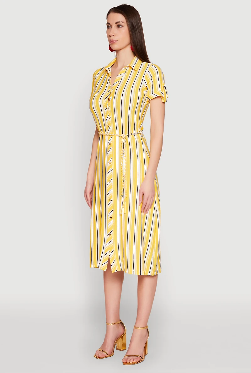 Womens Striped Short Sleeve Shirt Dress, Yellow, Size S