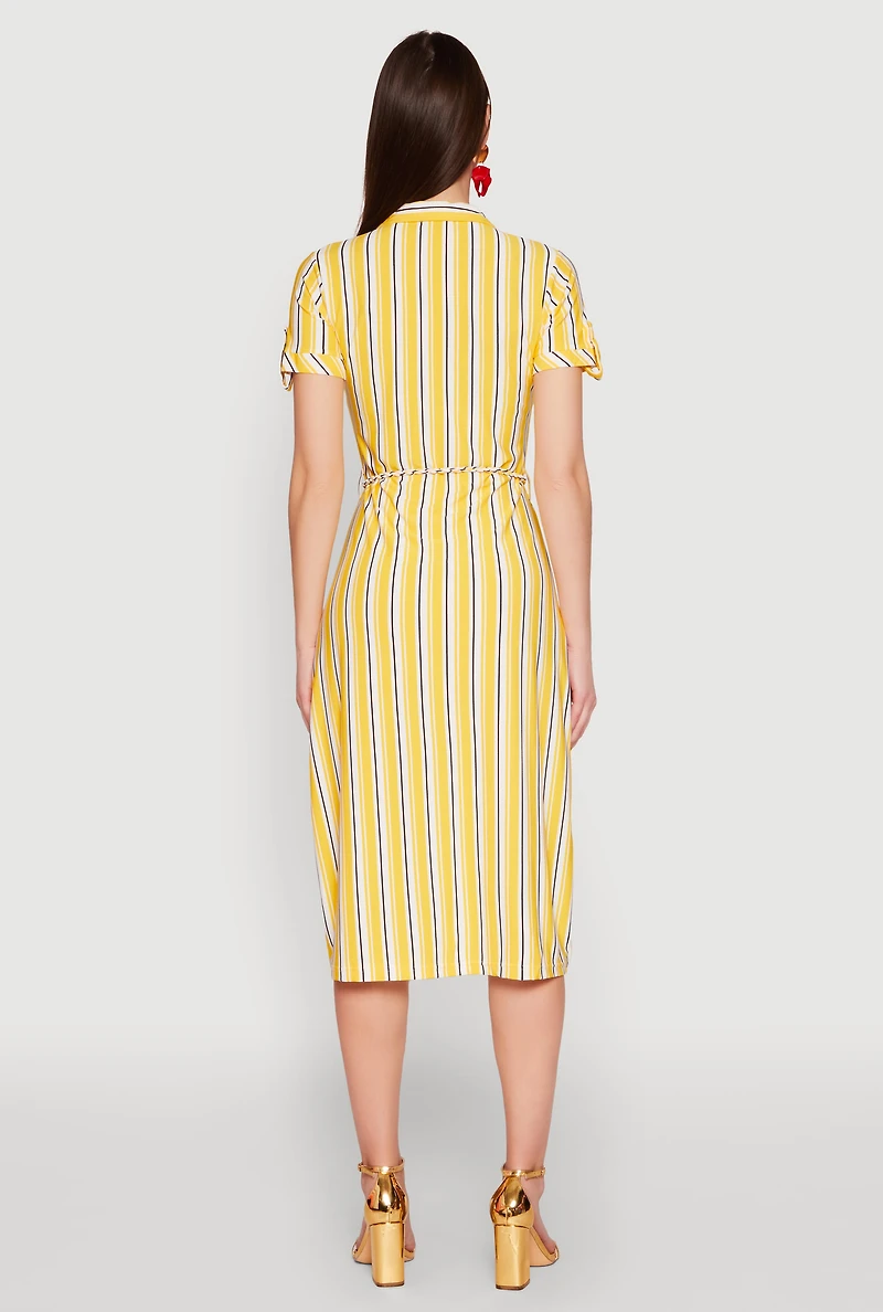 Womens Striped Short Sleeve Shirt Dress, Yellow, Size S