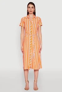 Womens Striped Short Sleeve Shirt Dress, Orange, Size L