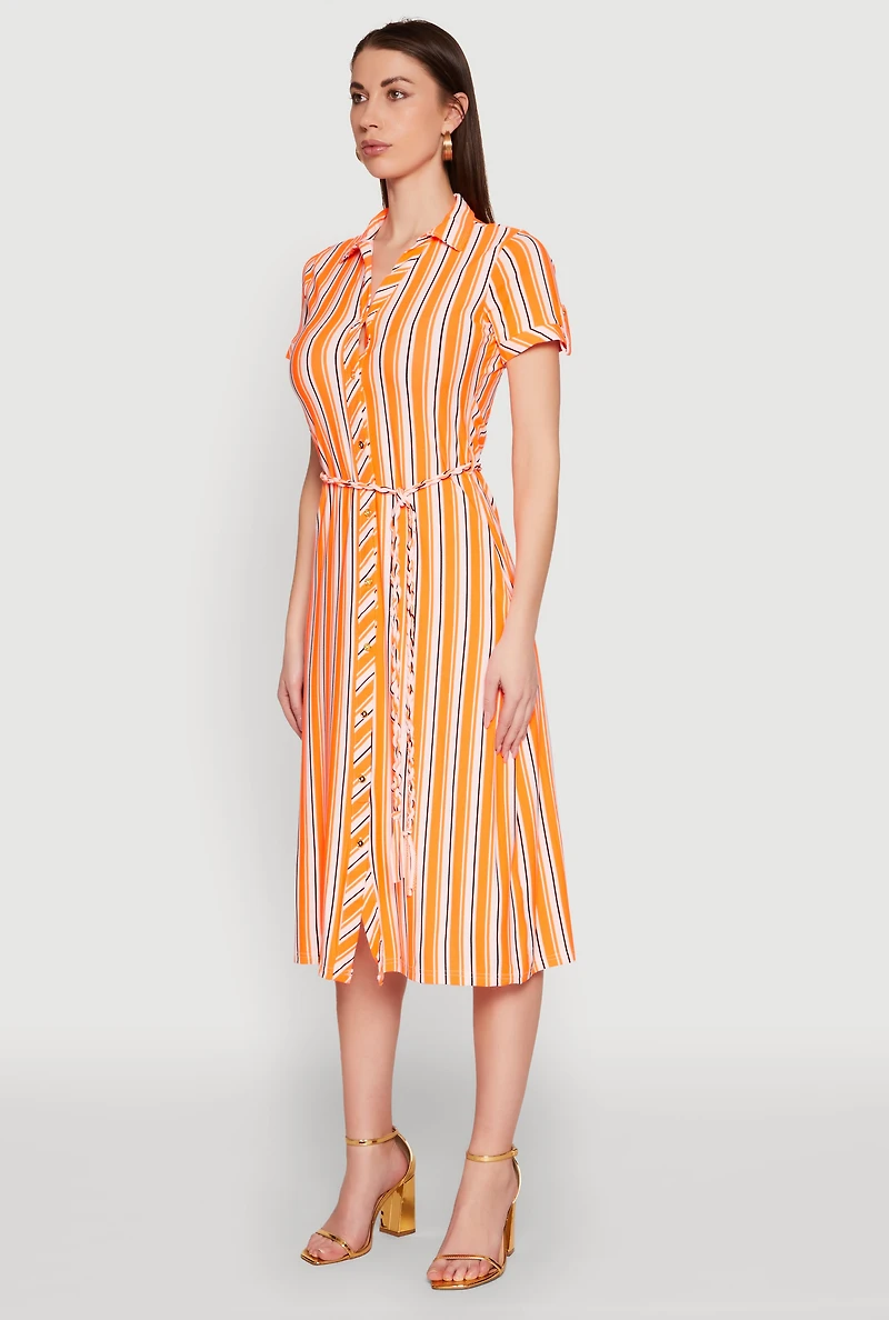 Womens Striped Short Sleeve Shirt Dress, Orange, Size L