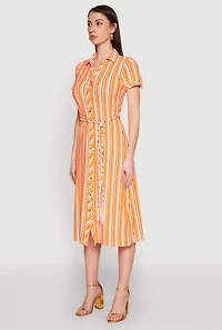 Womens Striped Short Sleeve Shirt Dress, Orange, Size M