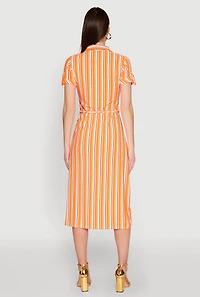 Womens Striped Short Sleeve Shirt Dress, Orange, Size L