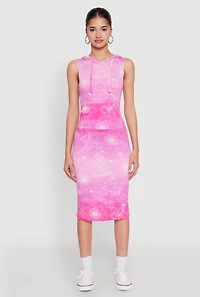 Womens Hooded Ombre Floral Print Tank Dress, Pink, Size L