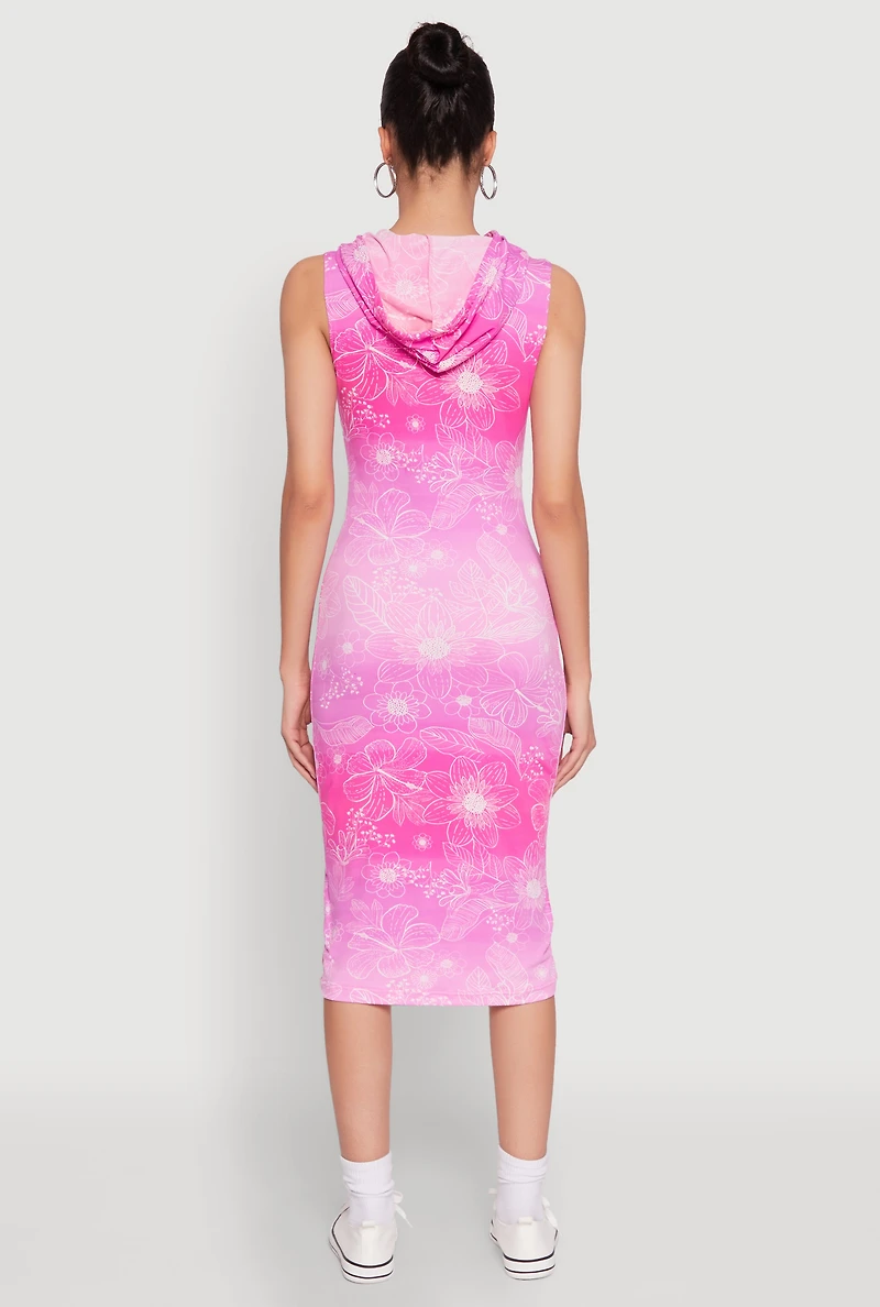 Womens Hooded Ombre Floral Print Tank Dress,