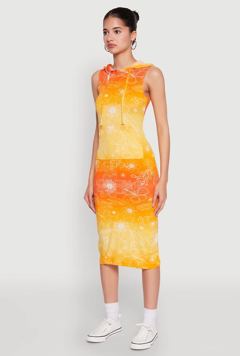 Womens Hooded Ombre Floral Print Tank Dress, Yellow, Size S