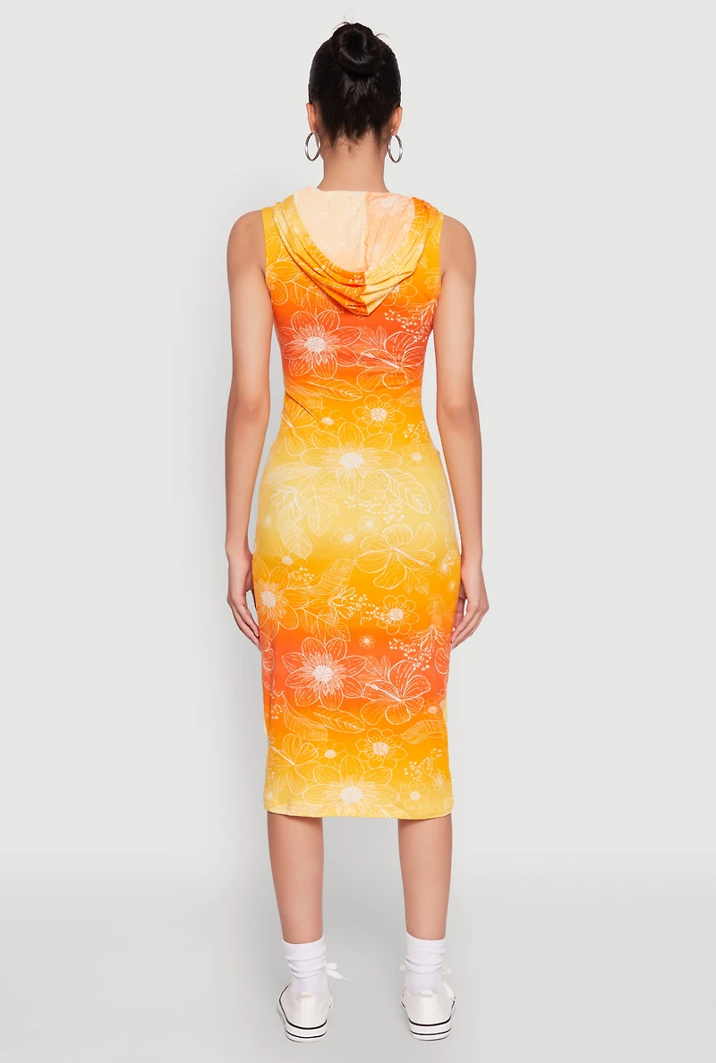 Womens Hooded Ombre Floral Print Tank Dress, Yellow, Size S
