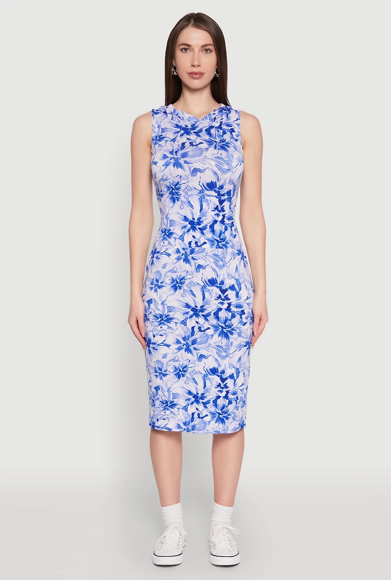 Womens Floral Print Hooded Tank Dress, Blue, Size M